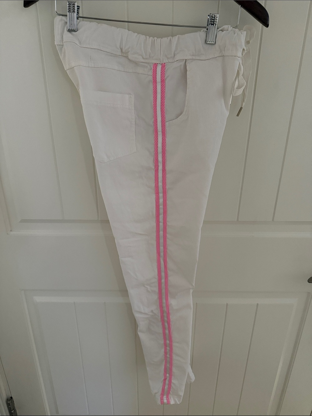 White Women’s Joggers with Pink Side Stripe